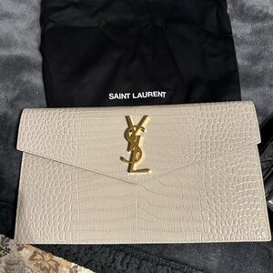 Saint Laurent Cream Croc-Embossed Envelope Clutch with Gold YSL Hardware